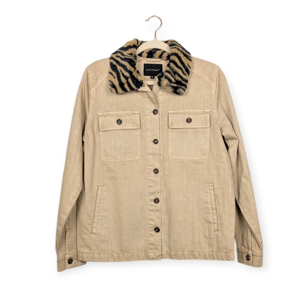 Velvet Heart Utility Jacket S Tan Zebra Faux Fur Collar Cozy Casual